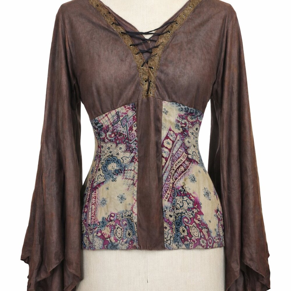 RARE Y2K Truelight Xclusiv Suede Type Boho Batwing Bell SLeeve Brown Lace Top
